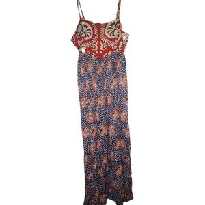 Natural Life NEW Bailey Maxi Dress Red Navy Boho Floral Smocked Bodice Size L